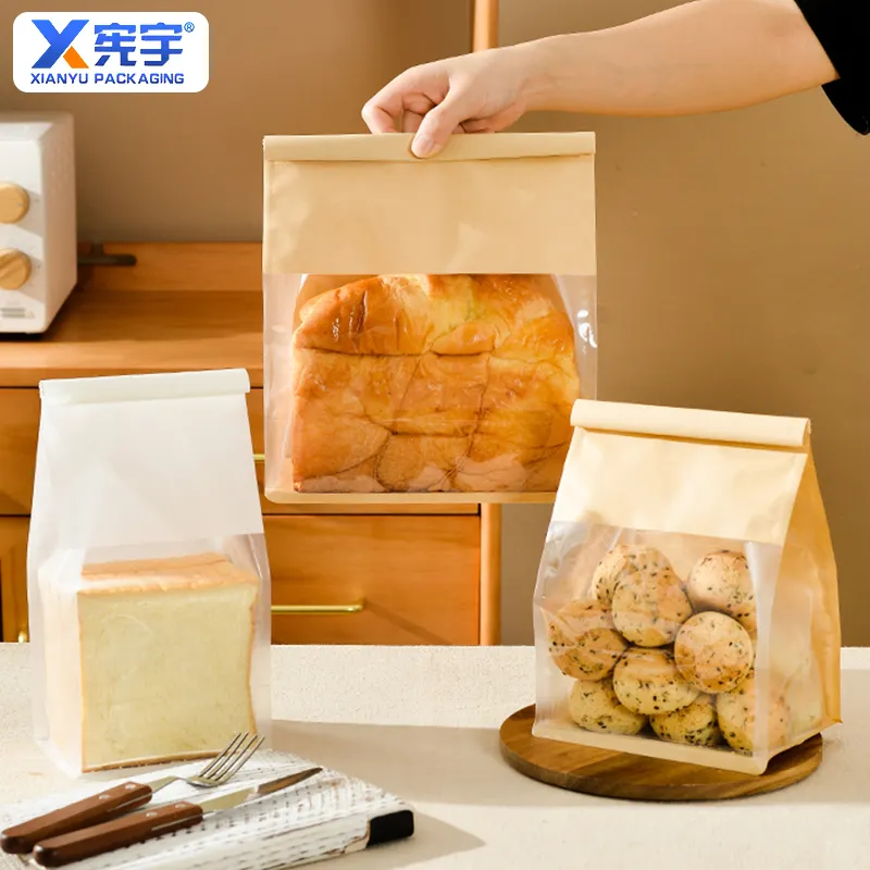 白と茶色のトーストパン配送バッグカスタム焼き菓子バッグメタルワイヤーカールジッパーバッグ