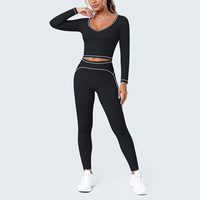 Conjunto de Yoga para Mujer, con Ribete en Contraste, Manga Larga, Leggings de Cintura Alta con Efecto Levanta Glúteos, 2 Piezas, Ropa Deportiva para Gimnasio