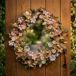 Corona Floral Rústica Hecha a Mano, Redonda, Decorativa, de Flores de Plástico, Sin Iluminación, en Paquete Individual, Corona Artesanal de Alta Calidad - Product Image 4