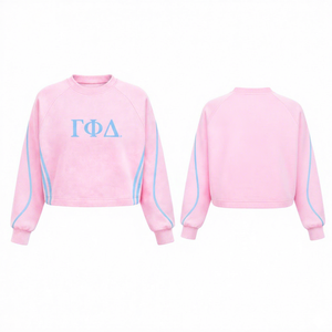 Sudadera Corta Rosa y Azul de la Hermandad Gamma Phi Delta GPD con Bordado Azul y Diseño de Ribete Impreso, Ropa Universitaria de Hermandad - Product Image 1