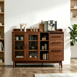 Meuble de salon moderne en bois massif avec portes vitrées, 3 tiroirs, design mid-century, meuble de rangement pour la maison - Product Image 1