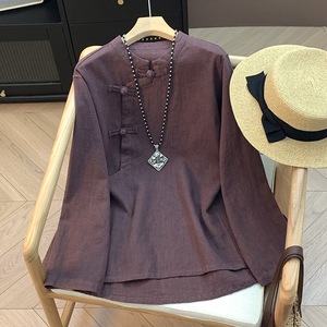 Chinese Style Cotton Linen Shirt Women Long Sleeve Solid Color Traditional Chinese Loose Tea Dress Top - Product Image 2