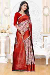 Traditional Indian Silk <b>Saree</b> <b>Red</b> And Beige With Floral Zari Work For Wedding And Festival Wear Women - Product Image 3