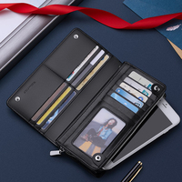 Dompet Pria Panjang RFID Asli Kulit Asli Modis dengan Ritsleting Hitam