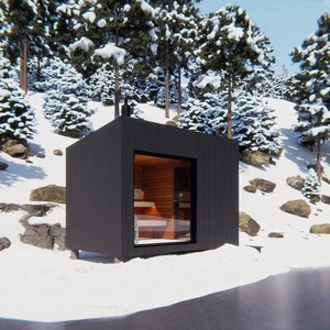 Cabine de sauna infrarouge lointain compacte à lattes verticales en hemlock noir avec chauffage intégré, cheminée en pierre, entrée latérale et terrasse - Product Image 5