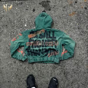 Sweat à capuche vintage délavé à l'acide personnalisé pour hommes en coton éponge français doublé d'une fermeture à glissière en détresse DTG imprimé de strass courts - Product Image 2