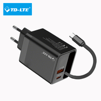 Chargeur mural rétractable USB-C et Type-C noir OEM 65W PD à charge rapide avec protection OTP/OVP pour téléphone portable, ordinateur portable et tablette