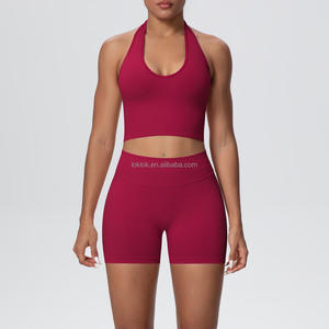 Conjunto de 2 Piezas de Ropa Deportiva para Mujer, Top Deportivo y Shorts Cortos sin Costuras con Efecto Push-Up en el Cuello, Transpirable, con Estampado de Líneas, Spandex - Product Image 2
