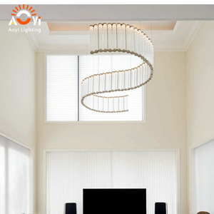 Lampada a Sospensione in Vetro a Strisce Verticali con Cornice Dorata Ondulata per Hall di Hotel di Lusso e Spazi con Soffitti Alti in Villa, Stile Moderno - Product Image 6