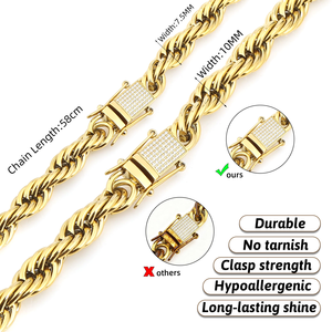 Unisex Men Women Hip Hop Twisted Rope <b>Chain</b> Necklace PVD 18K Gold Plated <b>Titanium</b> Steel Diamond Paved Clasp Jewelry - Product Image 3