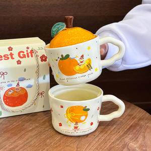 Mug en céramique orange avec couvercle, design de dessin animé, pour le bureau, la maison, cadeau, tasse, pièce unique - Product Image 2