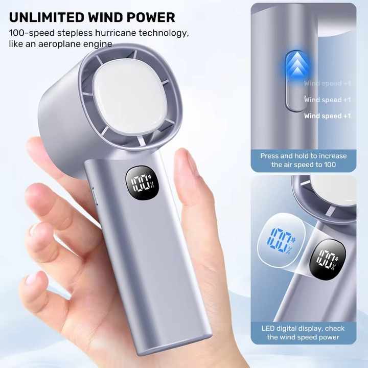 Creative High Quality 100 Speed Handheld Fan with Led Light Portable Mini Fan High Speed Pocket Rechargeable Desktop Fan