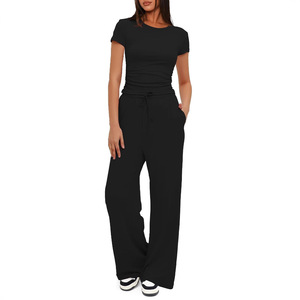 Completo due pezzi a tinta unita a vita alta da donna, outfit casual quotidiano, top e pantaloni coordinati per lo stile <span class=keywords><strong>lounge</strong></span> primavera estate - Product Image 3