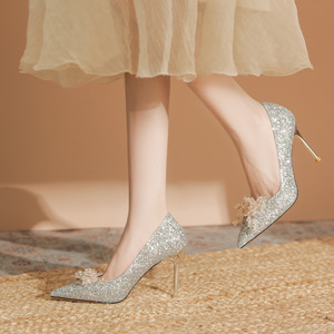 Solid Pattern Flower Heeled Sandals Pointed <b>Toe</b> Stiletto High Heel (3-5cm) Elegant Wedding Party Dress Shoes Comfortable Women's - Product Image 2