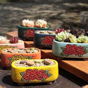 Nouveau pot de fleurs en céramique et grès, style rétro, peint à la main, respirant et résistant à la déformation, pour <span class=keywords><strong>Lithops</strong></span> et autres succulentes - Product Image 1