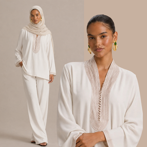 Completo da donna musulmana a due pezzi con pantaloni a gamba larga e blusa a maniche a tre quarti, abbigliamento modesto personalizzato, taglie forti - Product Image 1
