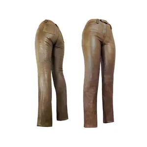 กางเกงหนังสีน้ำตาลสำหรับผู้ชาย, กางเกงขี่รถจักรยานยนต์ผู้หญิงเซ็กซี่ระบายอากาศได้ดีหนังวัวทรงสลิมฟิต