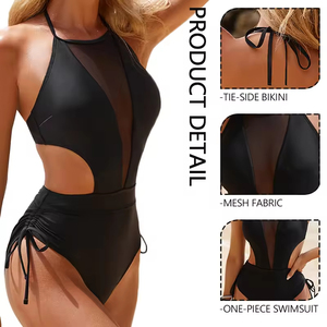 Maillot de bain une pièce tendance pour femme, col halter, découpes en maille, froncé avec cordon de serrage - Product Image 5