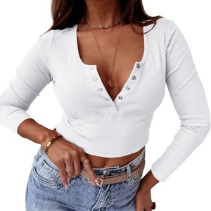 Trendy <strong>Women's</strong> Slim Fit Button Crop Top Long Sleeve <strong>Henley</strong> <strong>Shirts</strong> with Scoop Neck T-<strong>Shirts</strong> - Product Image 3