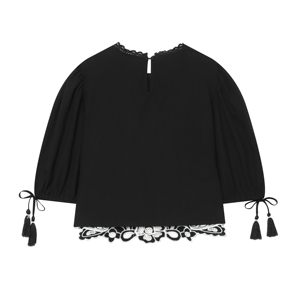 Rundhals-Oberteil mit Halben Ärmeln in Schwarz, Stickerei und Schnürung, Lässige Modische Bluse für Damen - Product Image 2