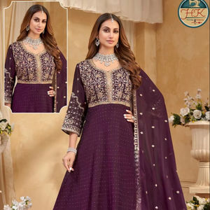 Designer Wine <b>Purple</b> Embroidered Anarkali <b>Suit</b> for Women Traditional Indian Wedding Festive Party Wear with Dupatta - Product Image 1