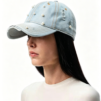 Casquette de baseball en jean délavé tendance à 6 panneaux, ornée de perles et au design brossé, chapeau décontracté pour femme, Gorra De Beisbol