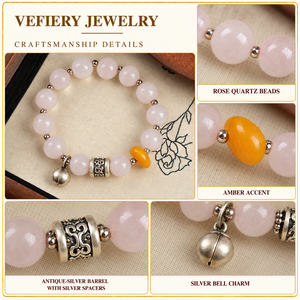 Pulsera Elástica de Cuentas Redondas de Cuarzo Rosa Natural con Detalle de Ámbar y Dije en Tono Plateado para Mujer, Joyería al por Mayor - Product Image 3