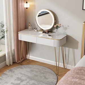 <strong>Small</strong> Vanity <strong>Desk</strong> with Mirror and Lights 39" White and Gold Makeup Vanity Table with 2 Drawers Modern Dressing Table for <strong>Bedroom</strong> - Product Image 1