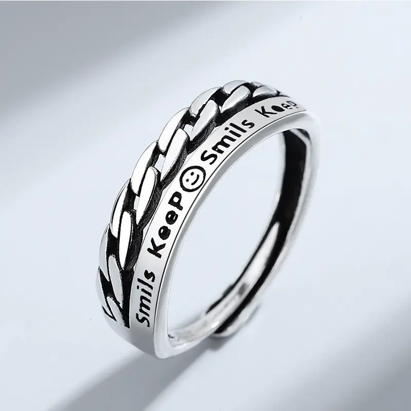 Retro Hiphop Verstelbare Inspirerende Gegraveerde Smile Ring Cadeau Voor Tieners Meisjes Zilveren Ring Voor Dames Meisjes
