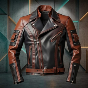 Veste de moto en cuir véritable imperméable pour homme, couleur marron et noir, avec ceinture - Product Image 1