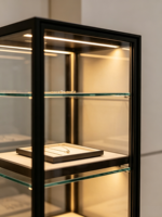 Boutique de bijoux en bois grainé de luxe léger avec éclairage LED, design écologique, dimensions personnalisables, espace intérieur haut de gamme et chaleureux