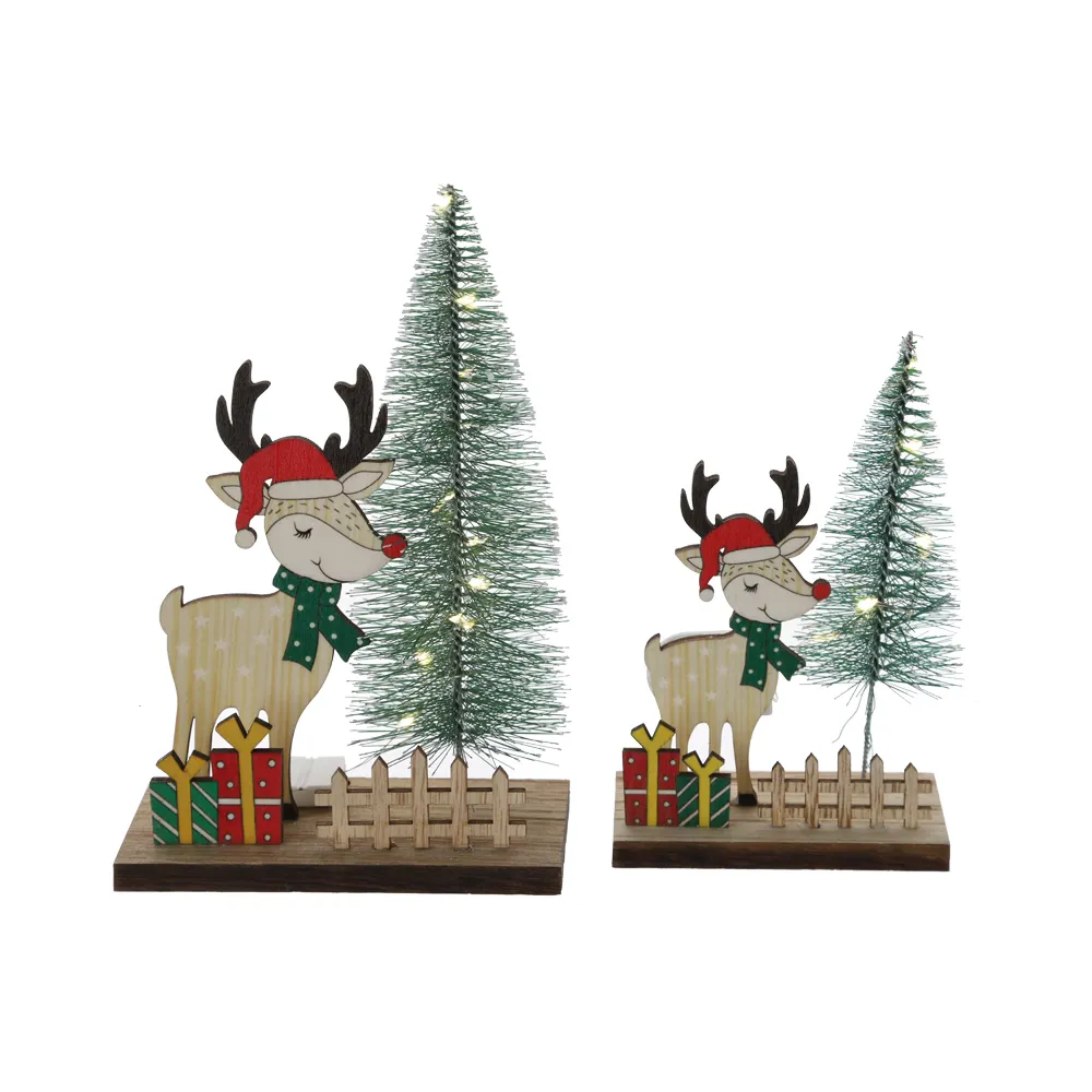 LED Light Artificial Christmas bottle brush Tree with Wood Reindeer Tabletop Decorations