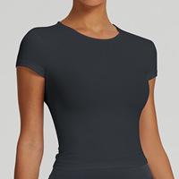 T-shirt de yoga à col rond pour femmes, manches courtes, coupe ajustée, haut de sport respirant, séchage rapide, haute élasticité, vêtements de sport actifs