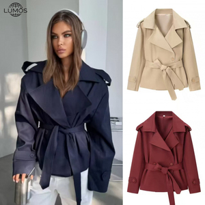 Veste courte ceinturée unie Lumos pour <span class=keywords><strong>femme</strong></span>, style européen et américain, coupe-vent en polyester pour <span class=keywords><strong>femme</strong></span>, logo personnalisé disponible - Product Image 1