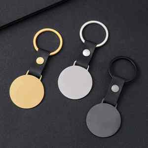 Ronud Shape Brushed Metal Blank <b>Keychain</b> Stainless Steel Pendant Personalized Custom Laser Engrave Logo Tag with Leather Chain - Product Image 1
