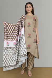 Algodón Cuello Barco Kurti Con Mano Impreso Dupatta Y Pantalones - Product Image 4