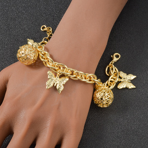 personnalisé wholesale thick link <b>copper</b> charm filigree hollow sphere butterfly femme lustrous polished 18k gold plated <b>bracelet</b> - Product Image 2
