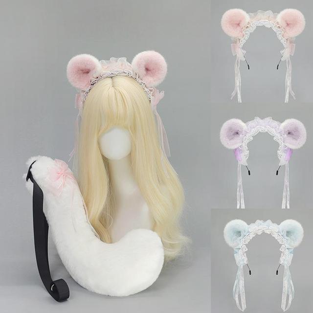 S0001 Soft Furry Mouse Ear Headband & Tail Set Cute Cosplay Props Accessory Lolita Flying Squirrel Headband Headpiece for Party