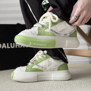 Chunky <b>Canvas</b> Sneakers White <b>Round</b> Toe Lace Up Chunky Sole With Chain Detail All Seasons Walking Style Shoes - Product Image 3