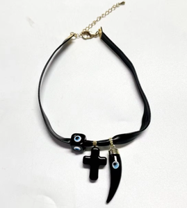 قلادة جلدية سوداء أنيقة مع قلادة على شكل عين وصليب، مجوهرات يومية للنساء، هدية للحفلات، قلادة بالجملة - Product Image 3