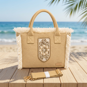Sac fourre-tout de luxe personnalisé en paille tressée avec patch perlé coquillage cauris, sac de plage en raphia avec franges et bandoulière, sac à main pour femme - Product Image 6