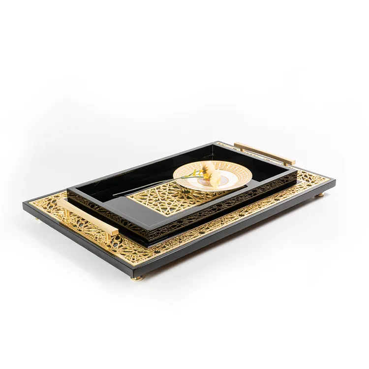 New design black high glossy paint Gold Foil Carving Food Coffee Serving Tray With Metal Handle for hotel restaurant wooden tray