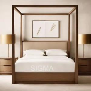 เฟอร์นิเจอร์ห้องนอนวินเทจไม้หลังสูงการออกแบบเตียงหนังคู่เตียงขนาดคิงไซส์