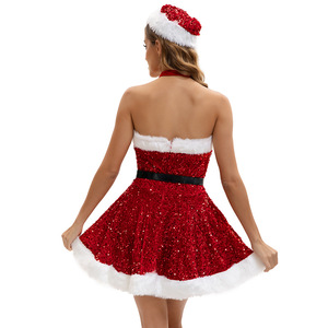 Robe de Noël sans bretelles à paillettes, rouge, coupe trapèze avec bordure blanche, tenue de fête pour femmes - Product Image 4