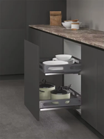 Panier coulissant en métal gris à deux niveaux pour armoire de cuisine avec poignées latérales et rails coulissants