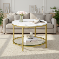 Table basse moderne en marbre avec plateau en verre trempé, cadre métallique et étagère inférieure de rangement pour salon, salle à manger, chambre et mobilier de maison