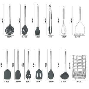 Juego de utensilios de cocina de silicona gris con mango de acero inoxidable, herramientas para cocinar y hornear con soporte metálico de almacenamiento - Product Image 6