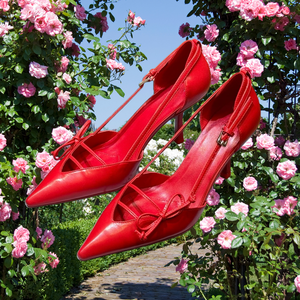 Luxury <b>Red</b> Satin Upper Square Toe Low Thin Heel with <b>Bow</b> Accents Adjustable Straps Elegant Feminine Summer Parties Weddings - Product Image 1
