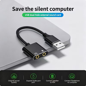 <span class=keywords><strong>Carte</strong></span> <span class=keywords><strong>son</strong></span> externe filaire USB, double port audio et microphone 3,5 mm 2-en-1, plug and play, <span class=keywords><strong>pour</strong></span> ordinateur portable, ordinateur <span class=keywords><strong>de</strong></span> bureau, PS4, 3 appareils - Product Image 2