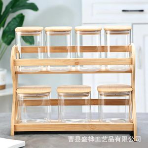 ชั้นวางของไม้ 2 ชั้น 8 ช่อง สำหรับจัดระเบียบเครื่องปรุงรสบนเคาน์เตอร์ครัว พร้อมขวดแก้วและช้อน - Product Image 3